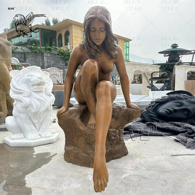 Naked Woman Swimming Pool Sculpture Life Size Sitting Female Bronze Statue Metal Outdoor Garden Modern