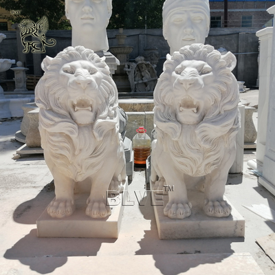 Red Marble Entrance Lion Statues Life Size Animal Sculpture Stone Carving Large Garden Outdoor Decoration