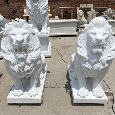 Red Marble Entrance Lion Statues Life Size Animal Sculpture Stone Carving Large Garden Outdoor Decoration