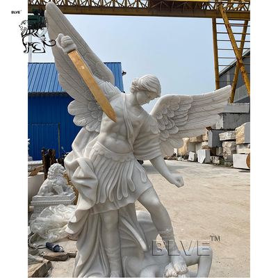 White Marble Saint St Michael The Archangel Statue Life Size Religious Angel Garden Stone Sculptures