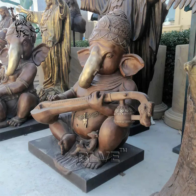 Bronze Ganesha Statue Life Size Idol Ganesh Hindu God Sculpture Playing the Pipa Indian Religious Decoration