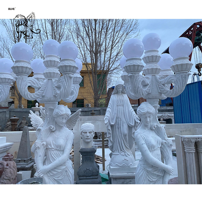 White Marble Lady Lamp Statue Outdoor Sculpture Women Lamp Life Size Stone Carvings Garden Modern Villa Decor