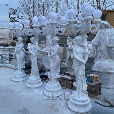 White Marble Lady Lamp Statue Outdoor Sculpture Women Lamp Life Size Stone Carvings Garden Modern Villa Decor