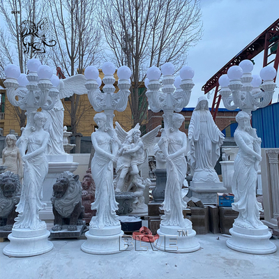 White Marble Lady Lamp Statue Outdoor Sculpture Women Lamp Life Size Stone Carvings Garden Modern Villa Decor