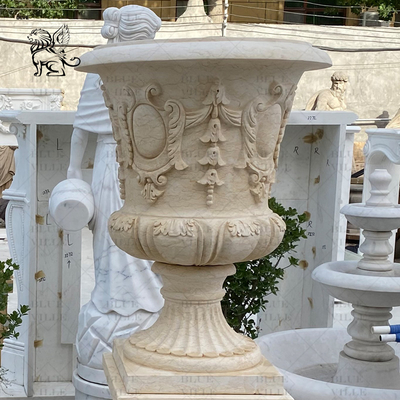 Marble Modern Flowerpot Outdoor Beige Stone Vase Planter Pot Garden Decoration Handcarved