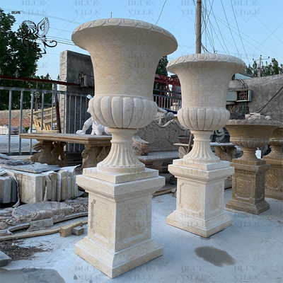 Beige Marble Flowerpot Natural Stone Travertine Vase Planter Classic Garden Decorative Western Style