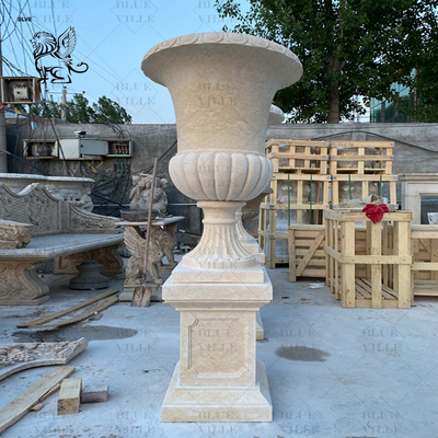 Beige Marble Flowerpot Natural Stone Travertine Vase Planter Classic Garden Decorative Western Style