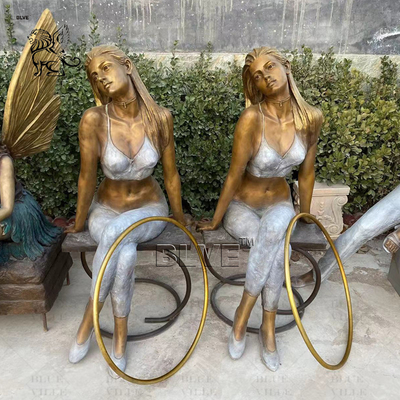 Naked Woman Swimming Pool Sculpture Life Size Sitting Female Bronze Statue Metal Outdoor Garden Modern