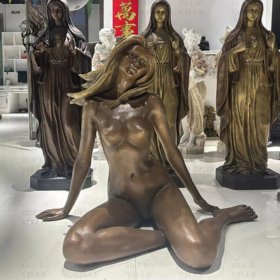 Naked Woman Swimming Pool Sculpture Life Size Sitting Female Bronze Statue Metal Outdoor Garden Modern
