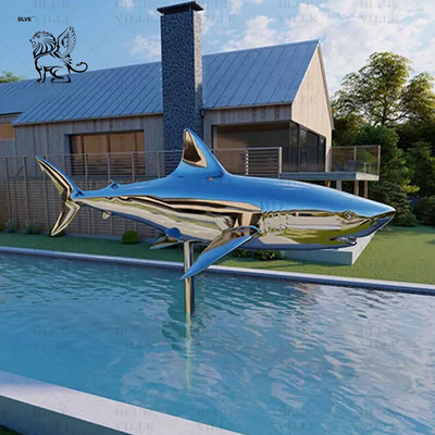 Stainless Steel Shark Sculpture Mirror Polished Fish Metal Animal Swimming Pool Sculpture Outdoor Large Modern