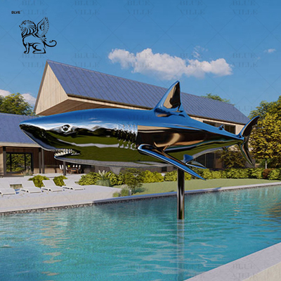 Stainless Steel Shark Sculpture Mirror Polished Fish Metal Animal Swimming Pool Sculpture Outdoor Large Modern