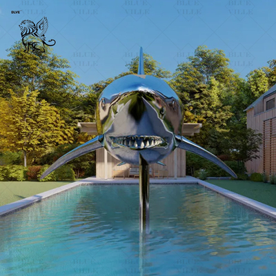 Stainless Steel Shark Sculpture Mirror Polished Fish Metal Animal Swimming Pool Sculpture Outdoor Large Modern