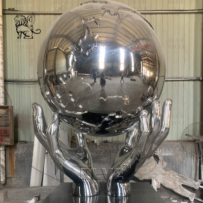 Stainless Steel Holding Earth Sculpture Large Mirror Polished Metal World Globe Statues Decoration Outdoor Square Custom