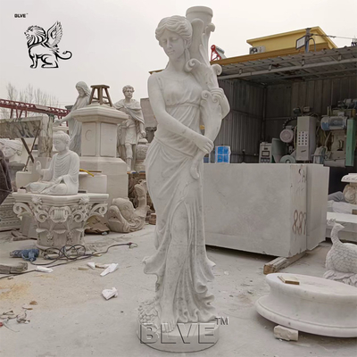 Marble Woman Sculpture Floor Lamp White Stone Carving Life Size Lady Statue Light Decorative Villa Outdoor Street