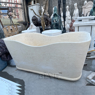 Freestanding Marble Bathtub Cream Natural Stone Elegant Bathtub Hotel Luxury European Style Decorative