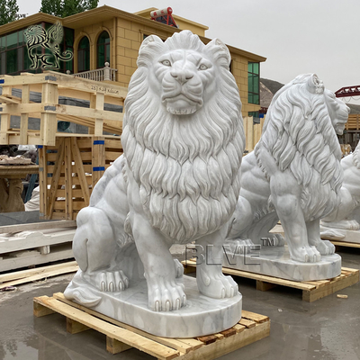 White Marble Lion Sculpture Outdoor Natural Stone Garden Animals Statue Hand Carving Western Style