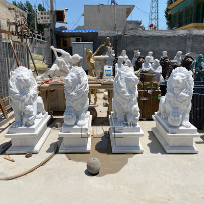 White Marble Lion Sculpture Outdoor Natural Stone Garden Animals Statue Hand Carving Western Style