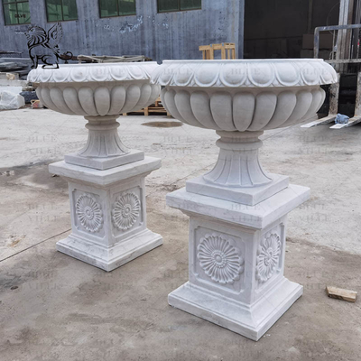 Natural Stone Flower Pot White Marble Planter Urns Handcarved Large Garden Modern Home Decoration Design