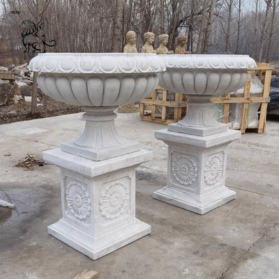 Natural Stone Flower Pot White Marble Planter Urns Handcarved Large Garden Modern Home Decoration Design