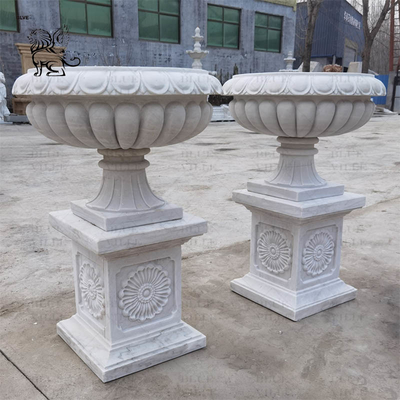 Natural Stone Flower Pot White Marble Planter Urns Handcarved Large Garden Modern Home Decoration Design