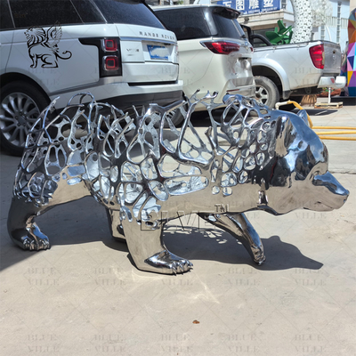 Stainless Steel Bear Sculpture Mirror Polishing Metal Hollow Body Animal Abstract Art Home Decoration Modern