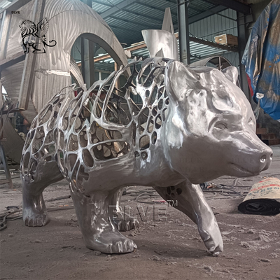 Stainless Steel Bear Sculpture Mirror Polishing Metal Hollow Body Animal Abstract Art Home Decoration Modern