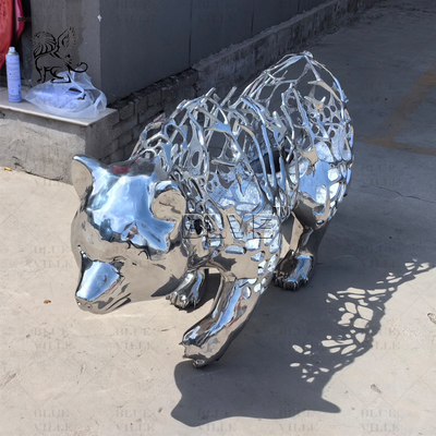 Stainless Steel Bear Sculpture Mirror Polishing Metal Hollow Body Animal Abstract Art Home Decoration Modern