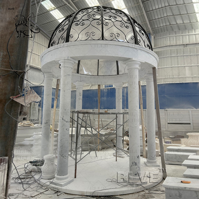 Marble Round Gazebo Waterproof Iron Dome Natural White Stone Pillar Pavilion Handcarved Large Outdoor Custom