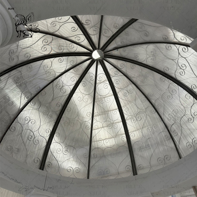 Marble Round Gazebo Waterproof Iron Dome Natural White Stone Pillar Pavilion Handcarved Large Outdoor Custom