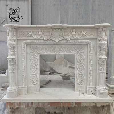 White Carrara Marble Fireplace Surround Luxury French Style Stone Mantel Indoor Decorative Hand Caved
