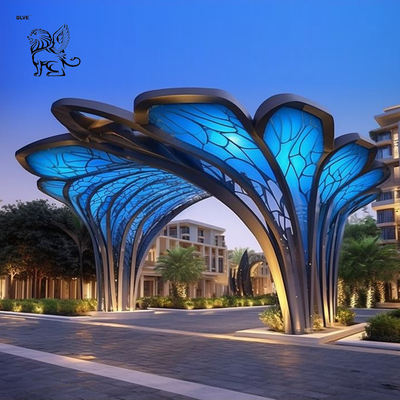 Stainless Steel Tree Sculpture Large Public Art Metal Sunshade Pavilion Luxury Outdoor Hotel Square