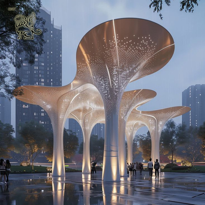 Stainless Steel Tree Sculpture Large Public Art Metal Sunshade Pavilion Luxury Outdoor Hotel Square