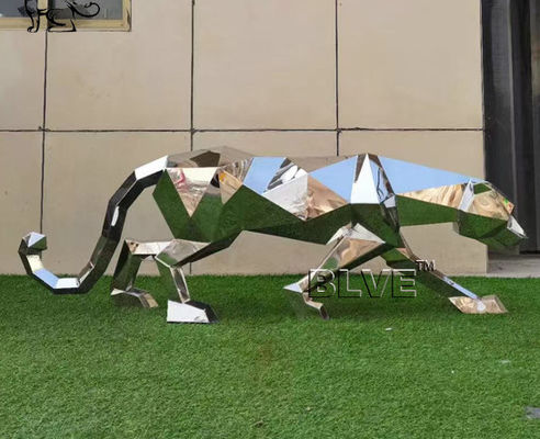 Polish Modern Life Size Stainless Steel Animal Sculpture Geometric  Leopard Statue