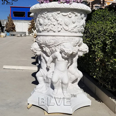 Natural Garden Planter Hand Carving Marble White Stone Flowerpots Luxury