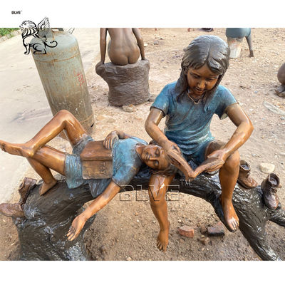 BLVE Bronze Girl And Boy Reading Statue Life Size Children Sculpture Art Metal Outdoor Garden Decoration