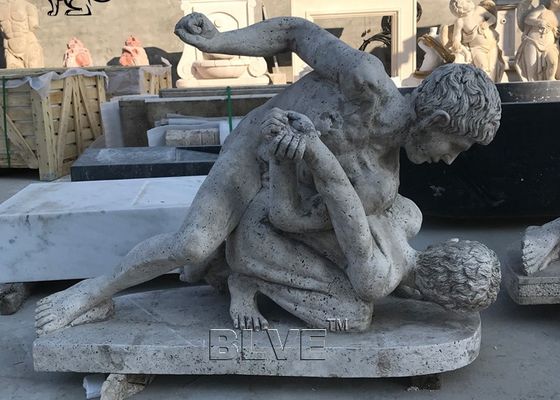 BLVE Marble Naked Man Fighting Statue Roman Sculpture Life Size Natural Cave Stone Hand Carved Garden