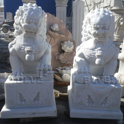 BLVE Marble Entryway Fu Foo Dog Statues Guardian Lion Sculpture Chinese Fengshui Natural Hunan White