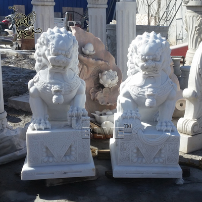 BLVE Marble Entryway Fu Foo Dog Statues Guardian Lion Sculpture Chinese Fengshui Natural Hunan White