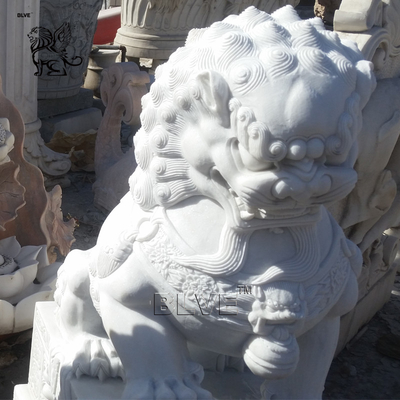 BLVE Marble Entryway Fu Foo Dog Statues Guardian Lion Sculpture Chinese Fengshui Natural Hunan White