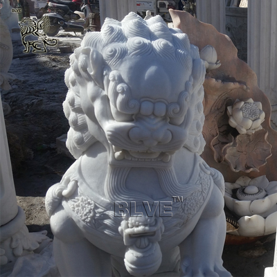 BLVE Marble Entryway Fu Foo Dog Statues Guardian Lion Sculpture Chinese Fengshui Natural Hunan White