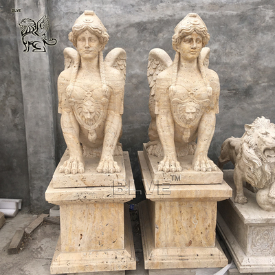 BLVE Marble Sphinx Statues Natural Cave Stone Egyptian God Garden Sculpture Life Size Beige Outdoor Hand Carved