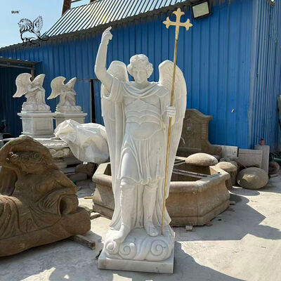 White Marble St Michael Archangel Statue Catholic Religious Angel Sculpture Life Size Outdoor Decoration